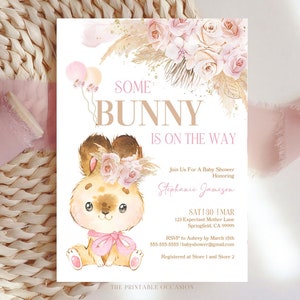 EDITABLE Boho Bunny Rabbit Baby Shower Invitation Bohemian Pink Pampas Grass Girl Bunny Baby Shower Some Bunny Shower Instant Download PGB1 image 1