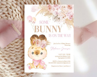 EDITABLE Boho Bunny Rabbit Baby Shower Invitation Bohemian Pink Pampas Grass Girl Bunny Baby Shower Some Bunny Shower Instant Download PGB1