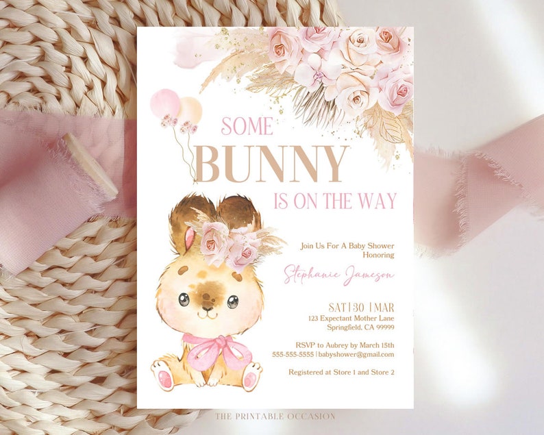 EDITABLE Boho Bunny Rabbit Baby Shower Invitation Bohemian Pink Pampas Grass Girl Bunny Baby Shower Some Bunny Shower Instant Download PGB1 image 1