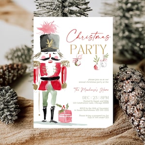 May include: A watercolor Christmas party invitation featuring a nutcracker soldier in a red coat and black hat. The invitation includes the text "Christmas PARTY" in gold script, along with event details and RSVP information.