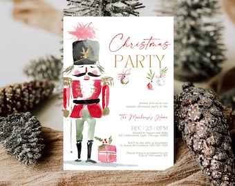 May include: A watercolor Christmas party invitation featuring a nutcracker soldier in a red coat and black hat. The invitation includes the text "Christmas PARTY" in gold script, along with event details and RSVP information.