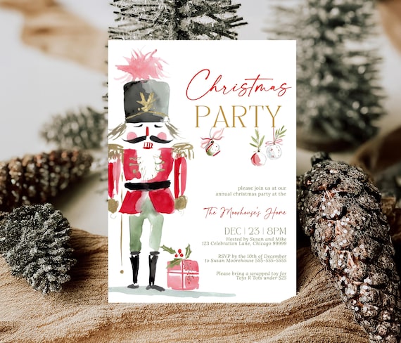 Editable Nutcracker Christmas Party Invitation Red Bow Holiday Gathering Template Coquette Watercolor Holiday Invite Winter Celebration CH1