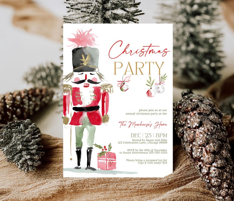 Editable Nutcracker Christmas Party Invite featuring a hand-painted nutcracker illustration, gold text, and festive red details. Styled on a soft neutral fabric surrounded by sparkling pinecones and winter foliage, emphasizing a cozy, elegant Christmas event vibe.
