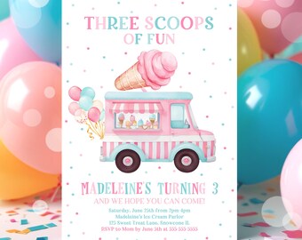 Editable Ice Cream Truck Three Scoops Of Fun 3rd Birthday Party Invitation Ice Cream 3rd Birthday Three Scoops Of Fun Instant Download C3D