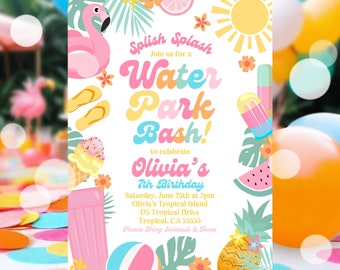 EDITABLE Water Park Birthday Party Invitation Tropical Splish Splash Girls Pool Party Invite Summer Splash Pad Party Instant Download P4