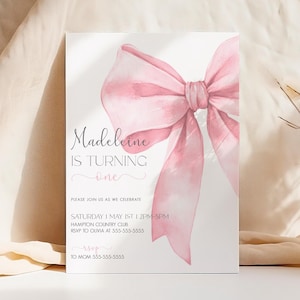 Pink Bow 1st Birthday Invitation Girl First Birthday Template Printable Pink Coquette Bow Invitation 1st Birthday Girl Invite Bow Invite