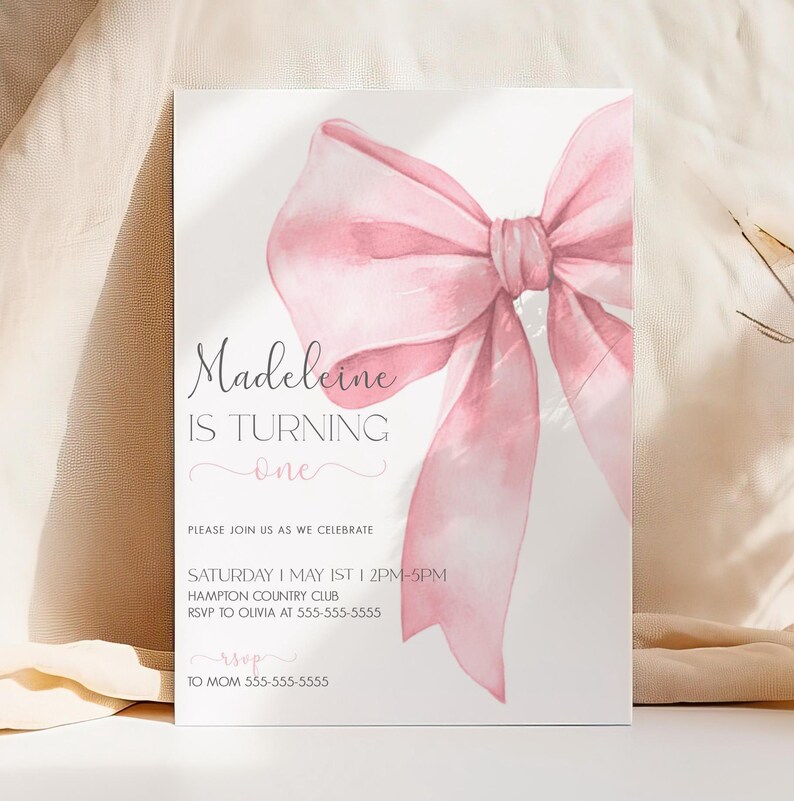 Pink Bow 1st Birthday Invitation Girl First Birthday Template Printable Pink Coquette Bow Invitation 1st Birthday Girl Invite Bow Invite