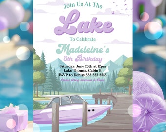 Girl's Lake Birthday Party Invitation Girl's Purple Boat Lake Birthday Party Summer Lake Water Party Join Us At The Lake Party Invite L4C