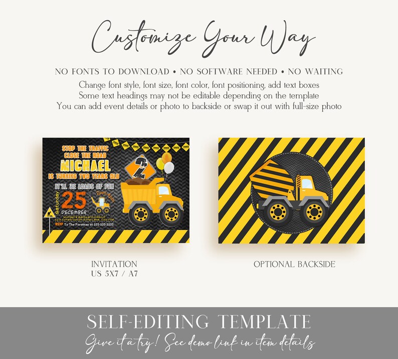 Editable Construction Invitation, Construction Birthday Invitations, Dump Truck Party Invite, Printable template Digital Instant download C1 image 4