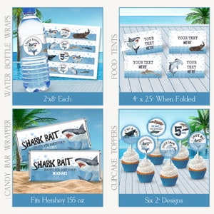 May include: Shark-themed party supplies, including water bottle wraps, food tent cards, cupcake toppers, and candy bar wrappers. The designs feature blue, white, and gray sharks with the text "Shark Bait" and "Happy 5th Birthday! Michael".
