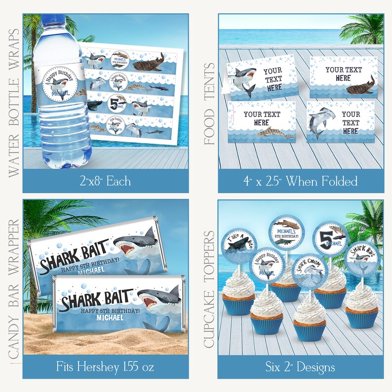 May include: Shark-themed party supplies, including water bottle wraps, food tent cards, cupcake toppers, and candy bar wrappers. The designs feature blue, white, and gray sharks with the text "Shark Bait" and "Happy 5th Birthday! Michael".