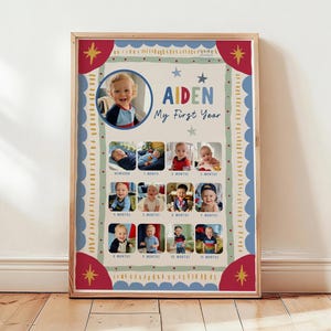 May include: A rectangular poster in a wooden frame featuring a photo collage titled "Aiden My First Year." The design includes a large circular photo at the top, followed by twelve smaller square photos labeled from newborn to eleven months.