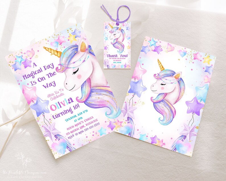 The Printable Occasions offers custom wedding birthday and baby shower templates for every celebration. Unicorn birthday invitation bundle with editable printable invite matching favor tag and matching thank you card. Pastel rainbow watercolor unicorn with stars and hearts. Perfect for girls magical birthday party decor. Instant download editable Corjl template to create personalized invitations easily.