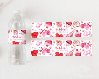 Valentine's Day Water Bottle Label Valentine's Birthday Water Bottle Wrapper Heart Floral Party Favor School Class Printable Editable VD2