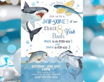 EDITABLE Shark and Fish Invitation, Shark and Fish Birthday Invitation Boy, Shark Fish Birthday Party, Shark Instant Download Corjl SHF1 SHK