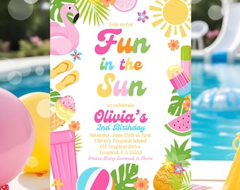 EDITABLE Fun In The Sun Birthday Party Invitation Tropical Summer Splish Splash Girly Pool Birthday Party Instant Download P5
