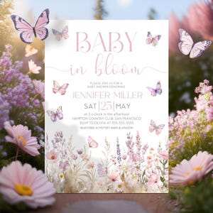 Butterfly Baby Shower Invitation Template Boho Baby Shower Pink And Purple Wildflower Baby Shower Invite Wildflower Butterflies Canva FP2