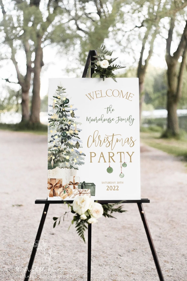 Christmas Party Welcome Sign, Editable Christmas Tree Party Decor, Holiday Banner, Personalized Announcement, Printable Poster Template T2D image 1