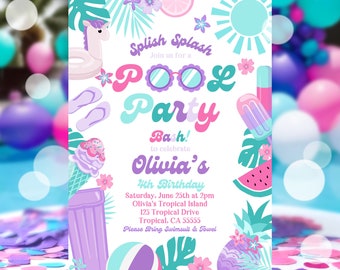 EDITABLE Pool Party Invitation Tropical Splish Splash Girly Pool Party Invitation Summer Swimming Pool Splash Pad Party Instant Download P6