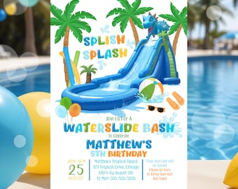 Dinosaur Waterslide Birthday Invitation Template Editable Waterslide Birthday Invite Dino Water Park Invitation Dinosaur Pool Party Canva DW