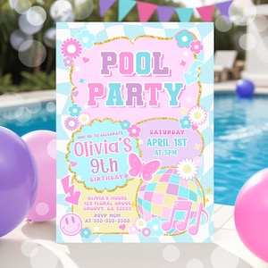 Editable Pool Party Invitation Girl Groovy Retro Birthday Invite Tween Pool Birthday Pastel Summer Swim Party Digital Printable Canva TW1