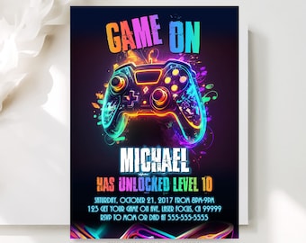 Editable Video Game Birthday Invitation Video Game Invitation Neon Glow Gamer Party Invite Game On Level Up Digital Birthday Invitation V1