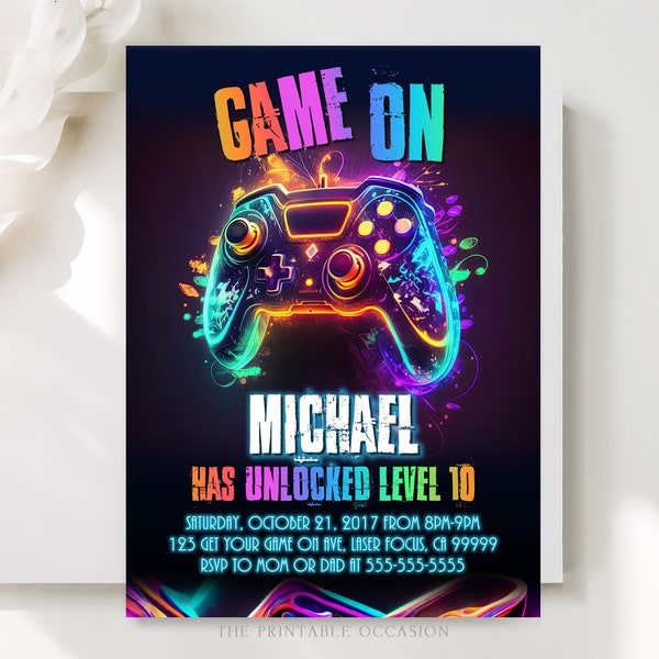 Editable Video Game Birthday Invitation Video Game Invitation Neon Glow Gamer Party Invite Game On Level Up Digital Birthday Invitation V1