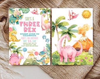May include: A pink dinosaur birthday invitation with a watercolor design. The invitation features a pink dinosaur, a volcano, palm trees, and the text "She's a Three Rex, Stomp Over to Celebrate Abby's 3rd Birthday".
