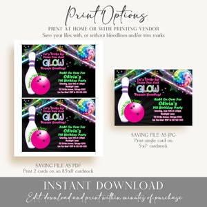 EDITABLE Girl's Glow Bowling Invitations, Bowling Birthday Party, Cosmic Bowling Invitations, Birthday Party Girls, Glow Party Neon Party B2 image 3