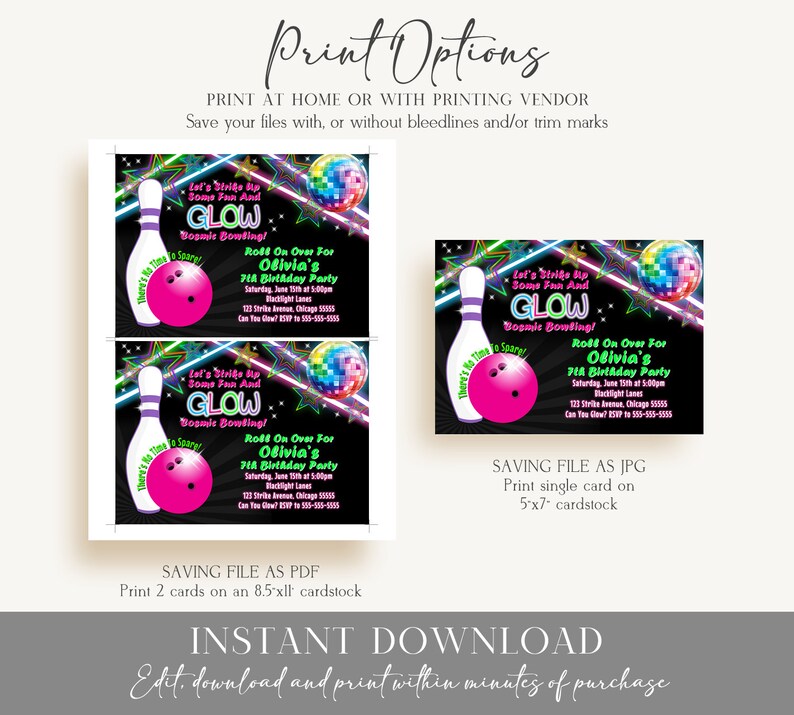 EDITABLE Girl's Glow Bowling Invitations, Bowling Birthday Party, Cosmic Bowling Invitations, Birthday Party Girls, Glow Party Neon Party B2 image 3