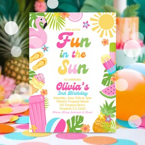 EDITABLE Fun In The Sun Birthday Party Invitation Tropical Summer Splish Splash Girly Pool Birthday Party Instant Download P5 image 3