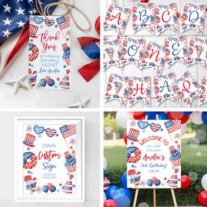 May include: A collection of patriotic party decorations featuring red, white, and blue designs. Includes a banner, a sign with the text "Editable Custom Sign", a welcome sign, and a gift tag with the text "Thank You". The decorations are themed for a birthday celebration.