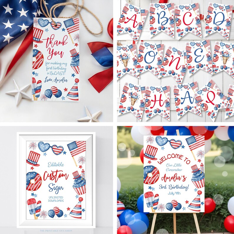 May include: A collection of patriotic party decorations featuring red, white, and blue designs. Includes a banner, a sign with the text "Editable Custom Sign", a welcome sign, and a gift tag with the text "Thank You". The decorations are themed for a birthday celebration.