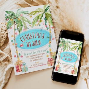 Tropical Pool Party Christmas Invitation Christmas In July Invitation Tropical Christmas Party Printable Holiday Invitation Pool Corjl TC1