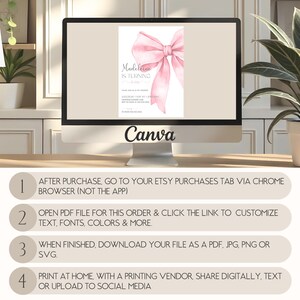 May include: A pink bow with a watercolor effect is featured on a printable invitation for a birthday party. The invitation says "Madeleine is turning one". Instructions for customizing and downloading the invitation are listed below the image.