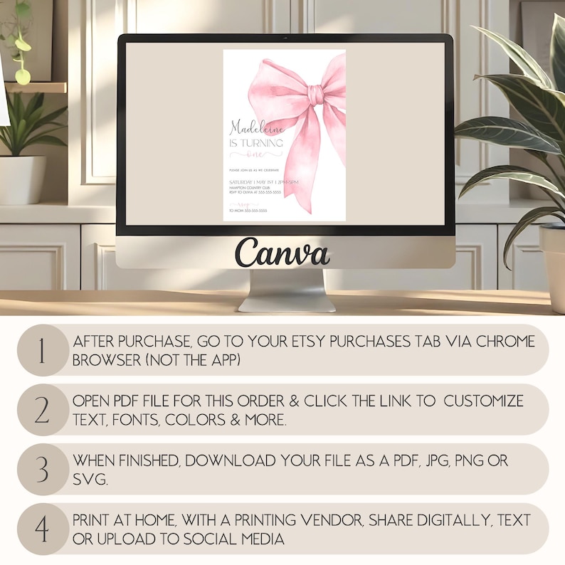 May include: A pink bow with a watercolor effect is featured on a printable invitation for a birthday party. The invitation says "Madeleine is turning one". Instructions for customizing and downloading the invitation are listed below the image.