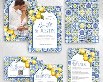 Italian Blue Tiles and Lemon Wedding Invitation Suite, Mediterranean Wedding Invitation Template, Positano, Printable, Instant Download MT2