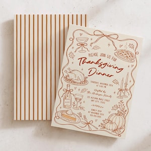 Hand drawn Thanksgiving dinner invitation shown beside its matching brown and cream striped backside. The invitation features whimsical line art including turkey, pumpkins, pie, wine, candles, bows and fall leaves. Both cards are arranged on a light textured surface with soft natural shadows. The coordinated front and back design is clearly shown.