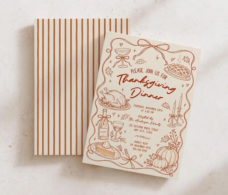 Hand drawn Thanksgiving dinner invitation shown beside its matching brown and cream striped backside. The invitation features whimsical line art including turkey, pumpkins, pie, wine, candles, bows and fall leaves. Both cards are arranged on a light textured surface with soft natural shadows. The coordinated front and back design is clearly shown.