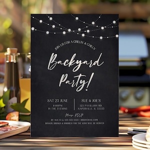Backyard Party Invitation BBQ Cookout Grill Summer Birthday Invite Outdoor Gathering Chalkboard String Lights Editable Template Printable