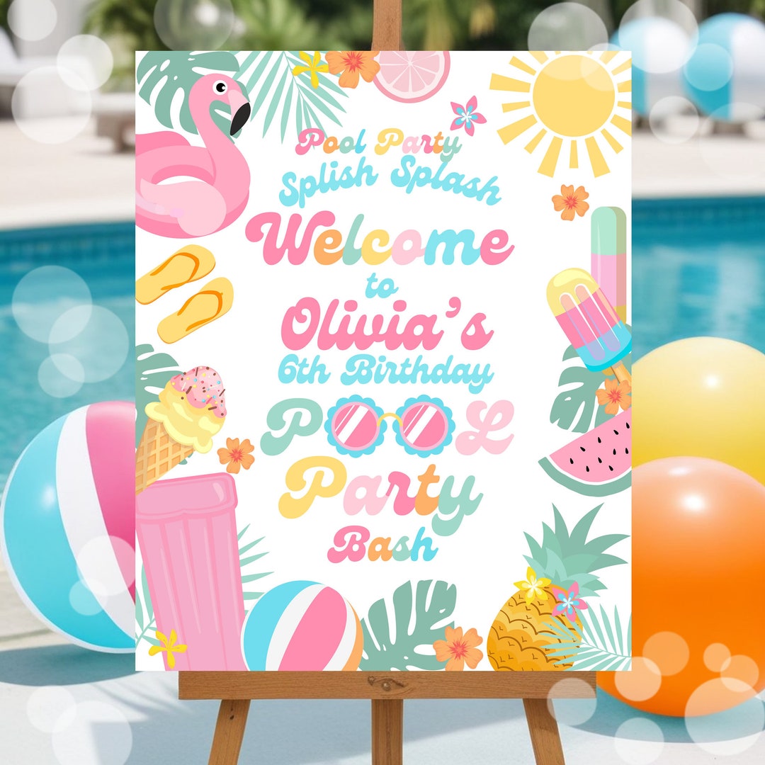 Editable Pastel Pool Party Welcome Sign Tropical Splish Splash Girly ...