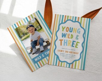 Young Wild Three Birthday Invitation Rainbow Stripe Photo Invite Colorful 3rd Birthday Party Canva Template Toddler Boy Invite RS1