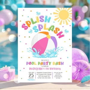 Editable Splish Splash Birthday Invitation Pool Party Girl Summer Waterslide Water Party Pink Download Printable Invite Template Corjl P7