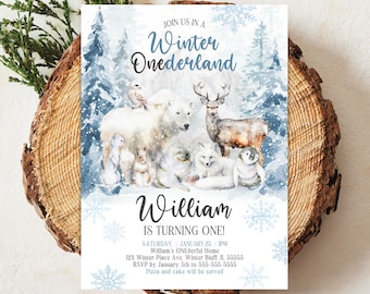 Boy's Arctic Animals Winter ONEderland Birthday Invitation Editable Winter ONEderland First Birthday Invite  Blue Forest Arctic Animals W4