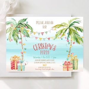 Tropical Christmas Invitation Christmas In July Invitation Tropical Christmas Party Printable Holiday Invitation Palm Tree Beach Corjl TC1