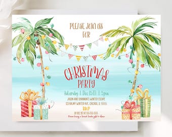 Tropical Christmas Invitation Christmas In July Invitation Tropical Christmas Party Printable Holiday Invitation Palm Tree Beach Corjl TC1