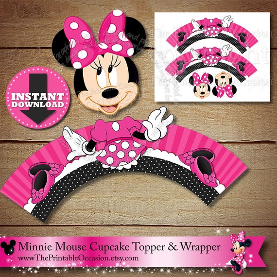 Minnie Mouse Cupcake Toppers and Wrapper Set, - INSTANT DOWNLOAD - Printable Pink Polka Dotted Minnie Mouse Cupcake Toppers PRINTABLE File Il_570xn