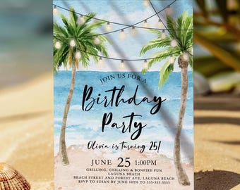 Può includere: Un'illustrazione ad acquerello blu e bianca di una scena di spiaggia con palme e luci a catena. Il testo "Join us for a Birthday Party" è scritto in corsivo nero. Il testo "Olivia is turning 25!" è scritto in nero. Il testo "June 25 1:00PM" è scritto in nero. Il testo "Grilling, chilling & bonfire fun" è scritto in nero. Il testo "Laguna Beach" è scritto in nero. Il testo "Beach Street and Forest Ave, Laguna Beach" è scritto in nero. Il testo "RSVP to Susan by June 10th to 555-555-5555" è scritto in nero.