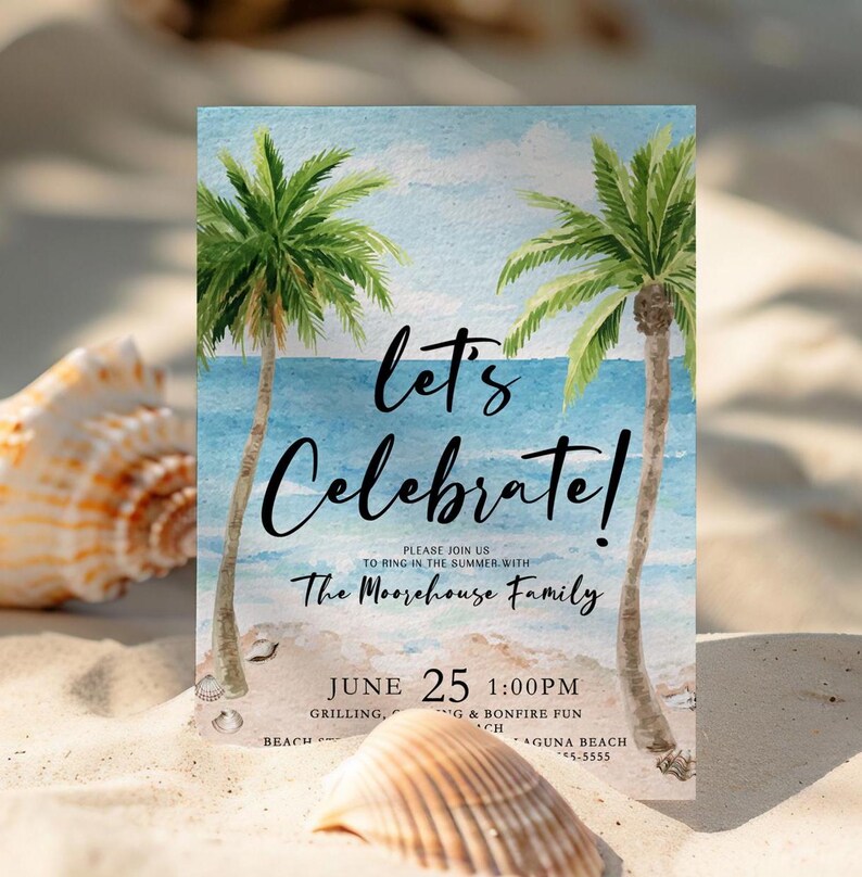 Set the vibe for a laid-back beach party with this editable tropical summer celebration invitation! Featuring palm trees, ocean waves, and string lights, this watercolor beach BBQ invite is perfect for a family gathering, summer cookout, bonfire party, or coastal birthday celebration. Whether you're hosting a grill and chill beach bash, a sunset bonfire, or a tropical luau, this stylish design captures the relaxed, fun atmosphere.