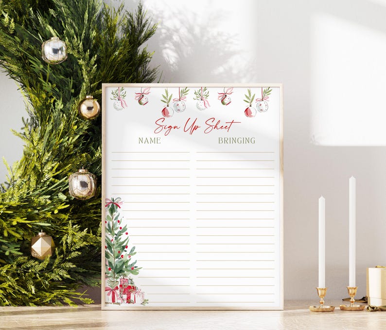 May include: A white sign-up sheet with a light wooden frame featuring a watercolor Christmas theme. The top displays hanging ornaments and the text Sign Up Sheet, while the bottom left shows a decorated pine tree and gifts with lined columns.